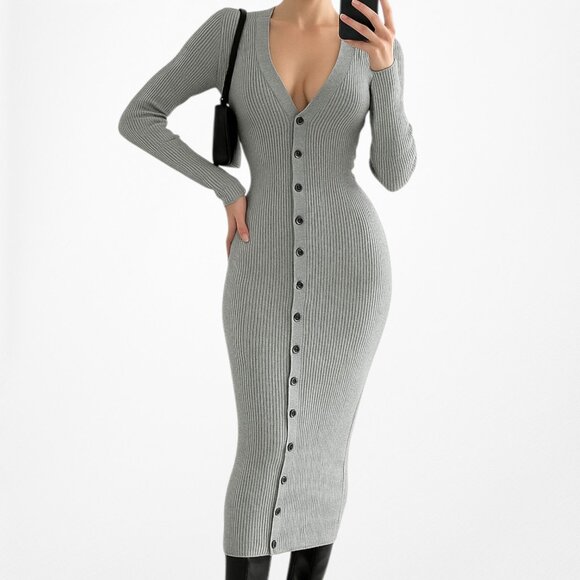 Fashion Nova Gray Ribbed Knit V-Neck Button Front Midi Bodycon Sweater Dress XS - Picture 2 of 6